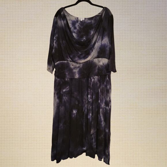 Kiyonna Plus Size 3X Tie Dye Maxi Dress Blue Gray White Flowy Ruffle Boho - Picture 1 of 9